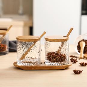 Glass Seasoning Jar with Bamboo Lid, Spoon and Tray