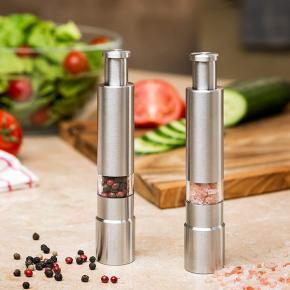 Stainless Steel Pepper Mill Thumb Push Button for 1 Hand Operation